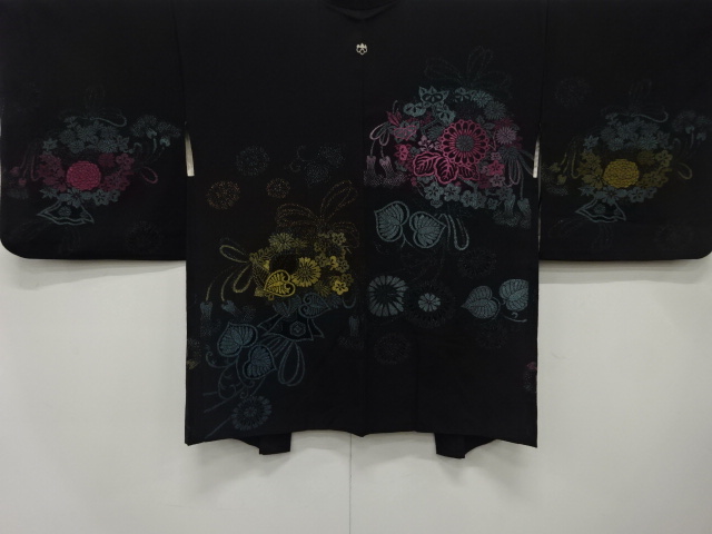 漆　草花模様織り出し　一つ紋　絵羽織